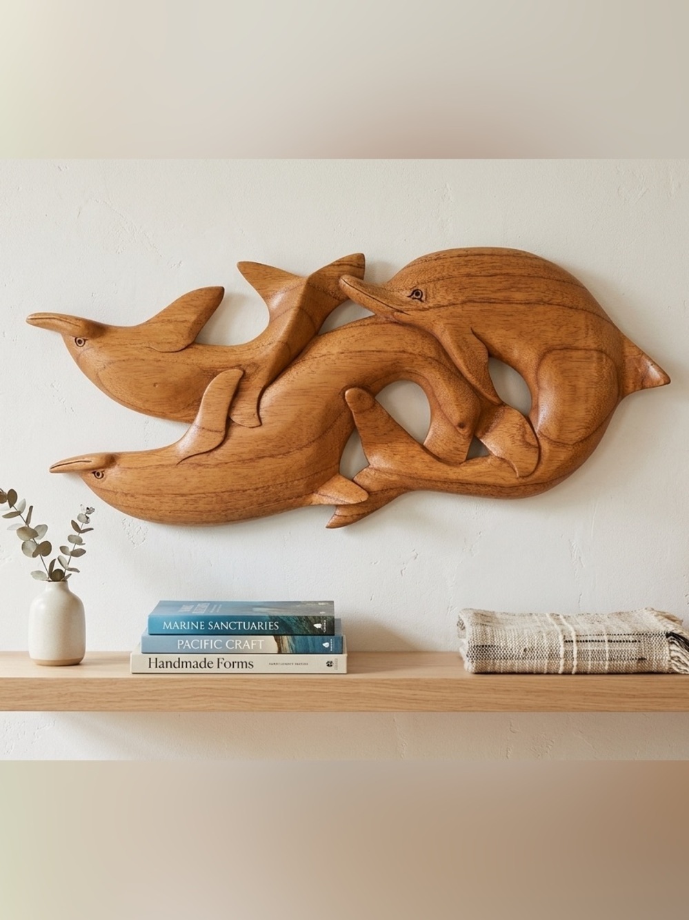 Hand carved Wooden Intertwined Dolphin Coastal Wall Art